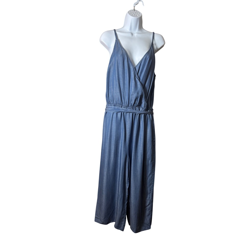 A New Day Womens Jumpsuit M Blue Chambray Wrap Wide Leg Cropped Coastal Casual